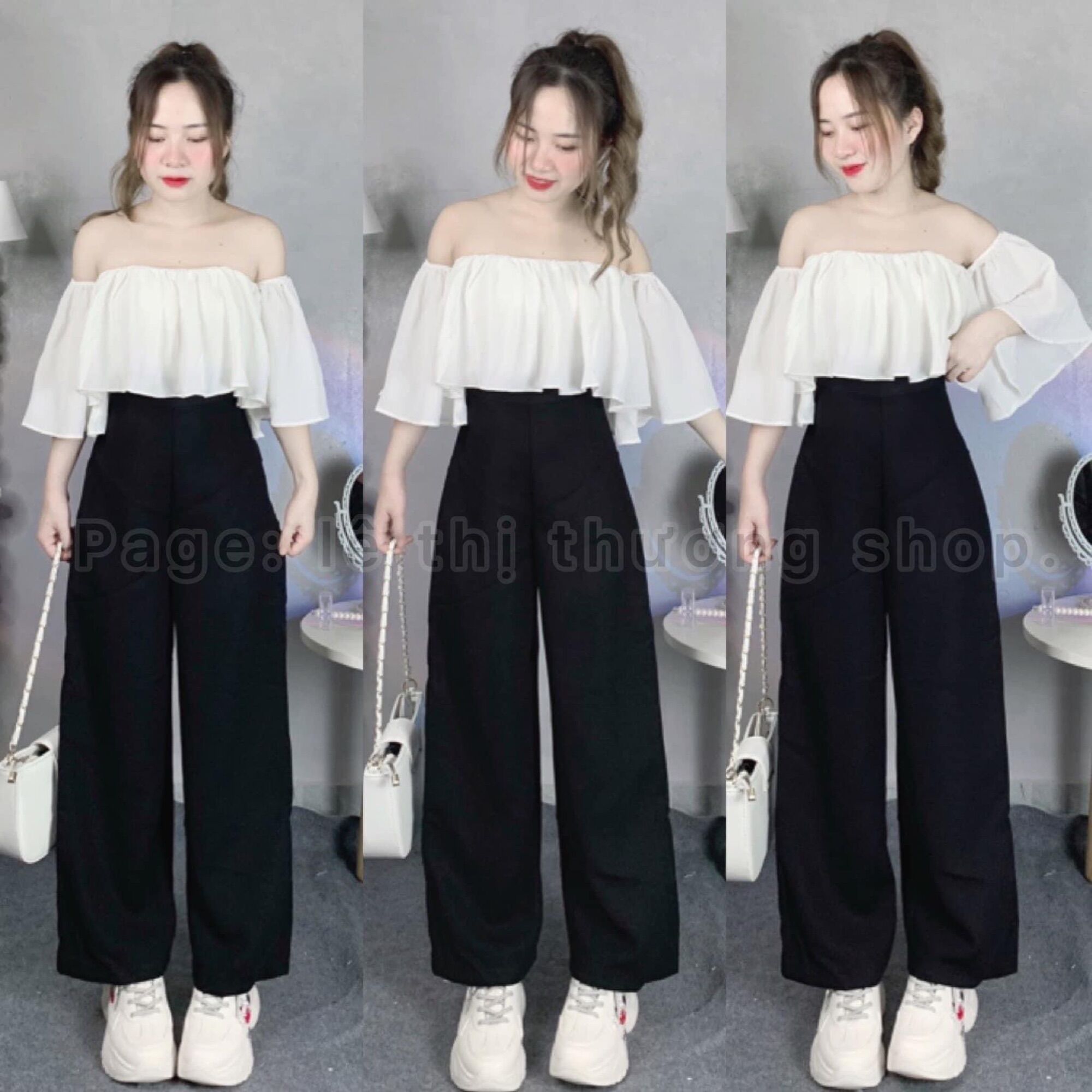 Set quần suông + áo bẹt vai bèo