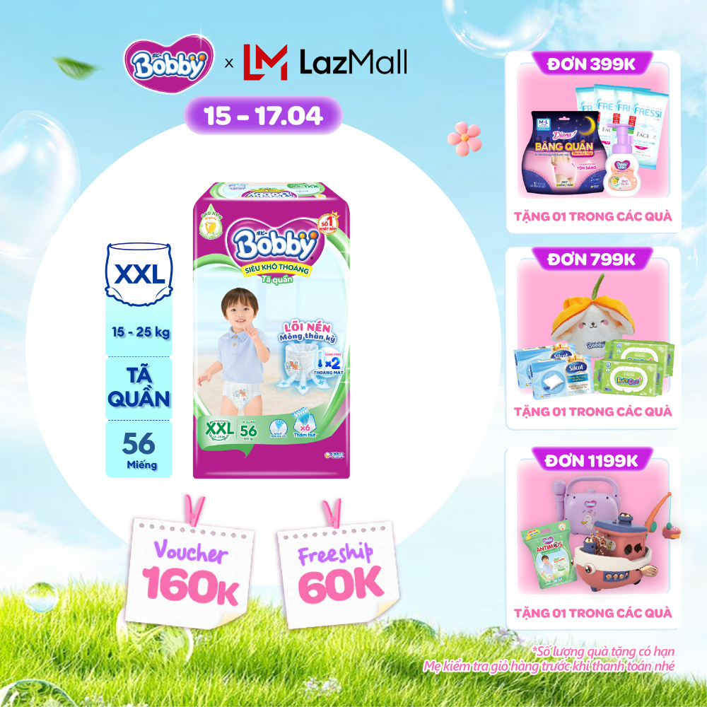 [CHỈ 25-29.04 QT Đơn 899K/1199K] Tã/Bỉm quần Bobby Lõi nén thần kỳ 3mm Ultra Jumbo XXL56/XXL60 - Siêu mỏng khô thoáng