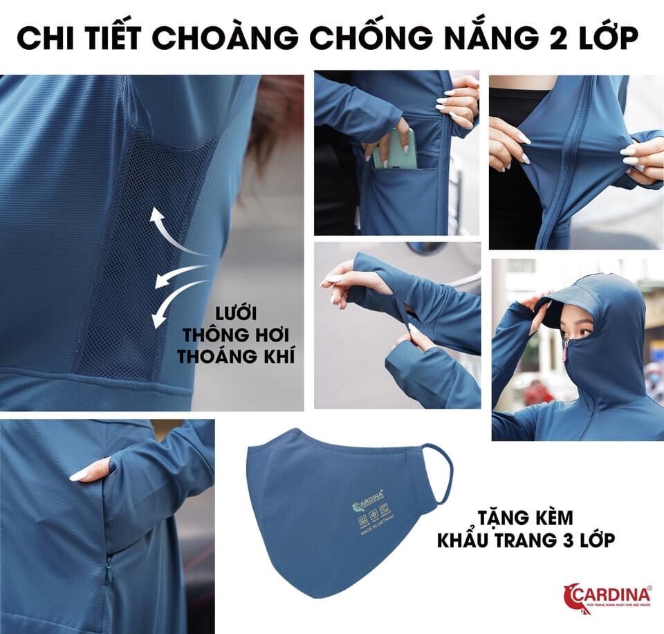 Áo choàng chống nắng 2 lớp thông hơi cao cấp CARDINA tặng kèm khẩu trang 3 lớp.Mẫu 2022