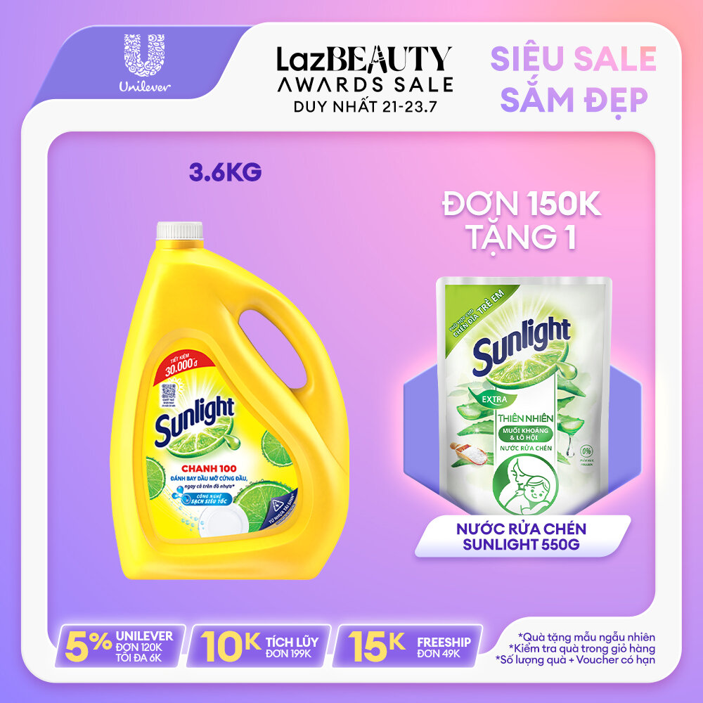Nước rửa chén Sunlight Chanh mới sạch nhanh xả bọt nhanh chai 3.6kg