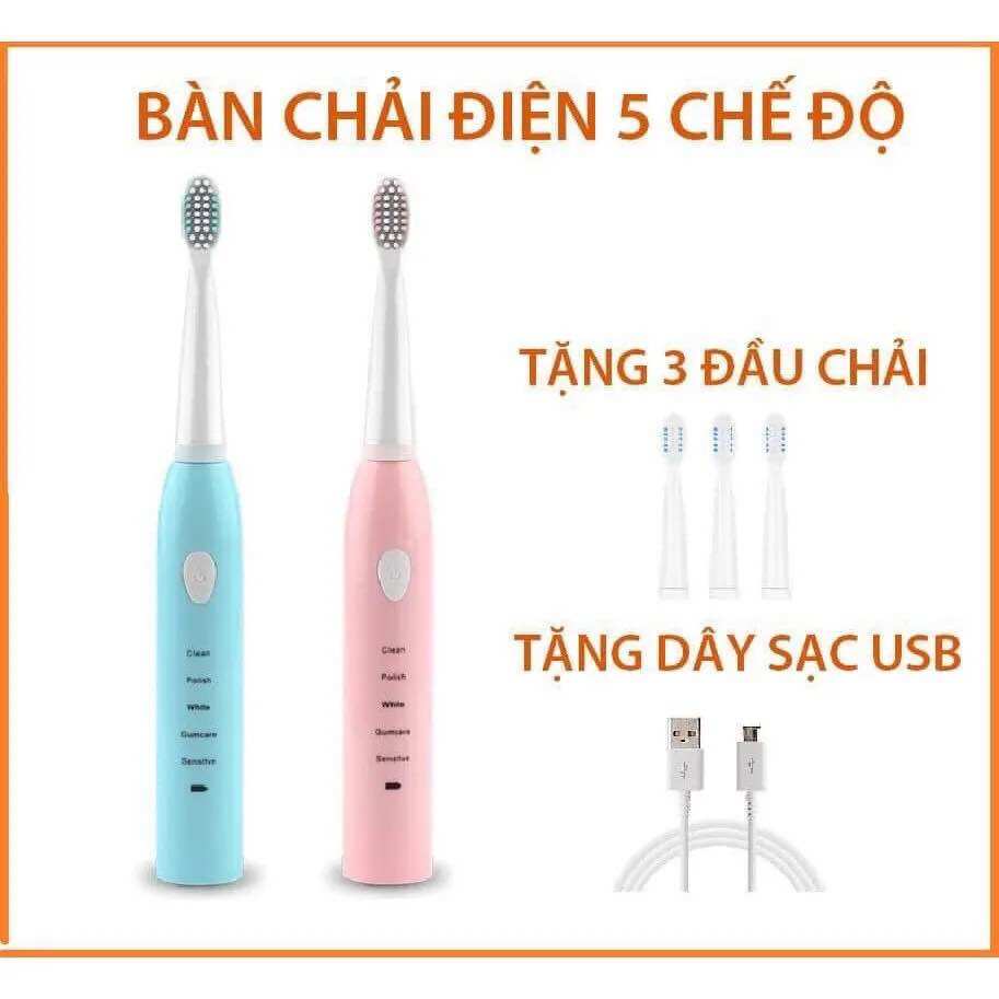 Bàn chải điện sóng siêu âm 5 chế độ làm sạch sâu hiệu qủa, bàn chải đánh răng điện - tặng kèm 4 đầu bàn chải .bàn chải đánh rằng điện tự động cao cấp