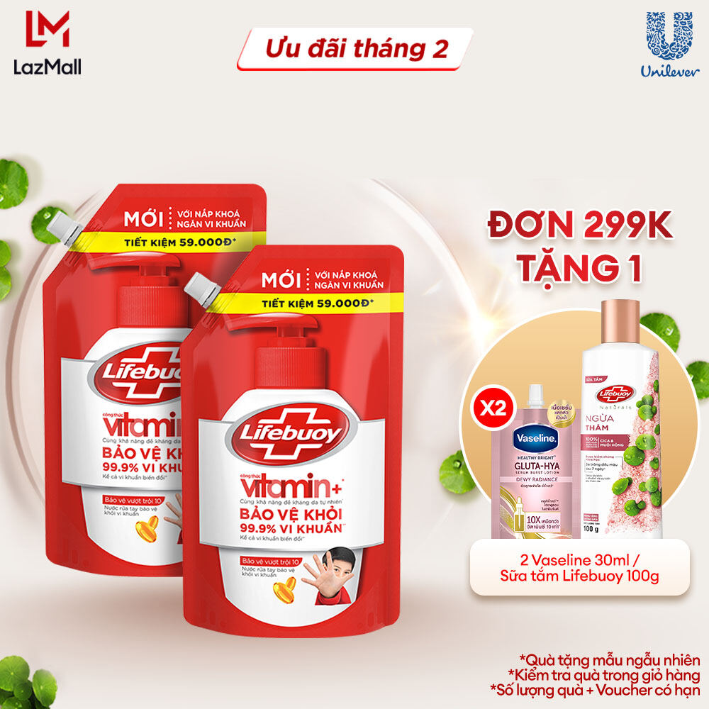 Combo 2 Nước Rửa Tay Lifebuoy Công thức Vitamin+ Bảo Vệ Vượt Trội 10 Túi 1KG