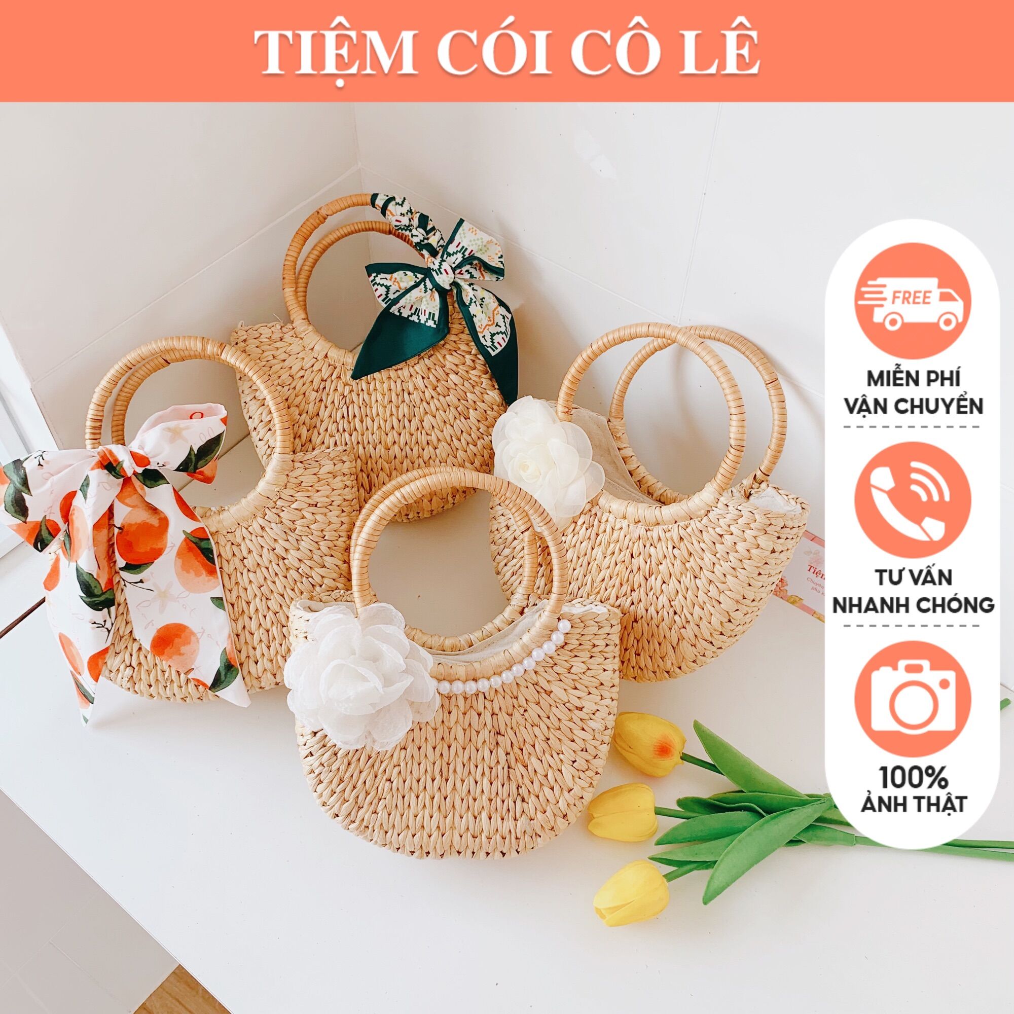 Túi cói lục bình làn cói quai mây mini đi biển chụp ảnh cao cấp-Tiệm Cói Cô Lê