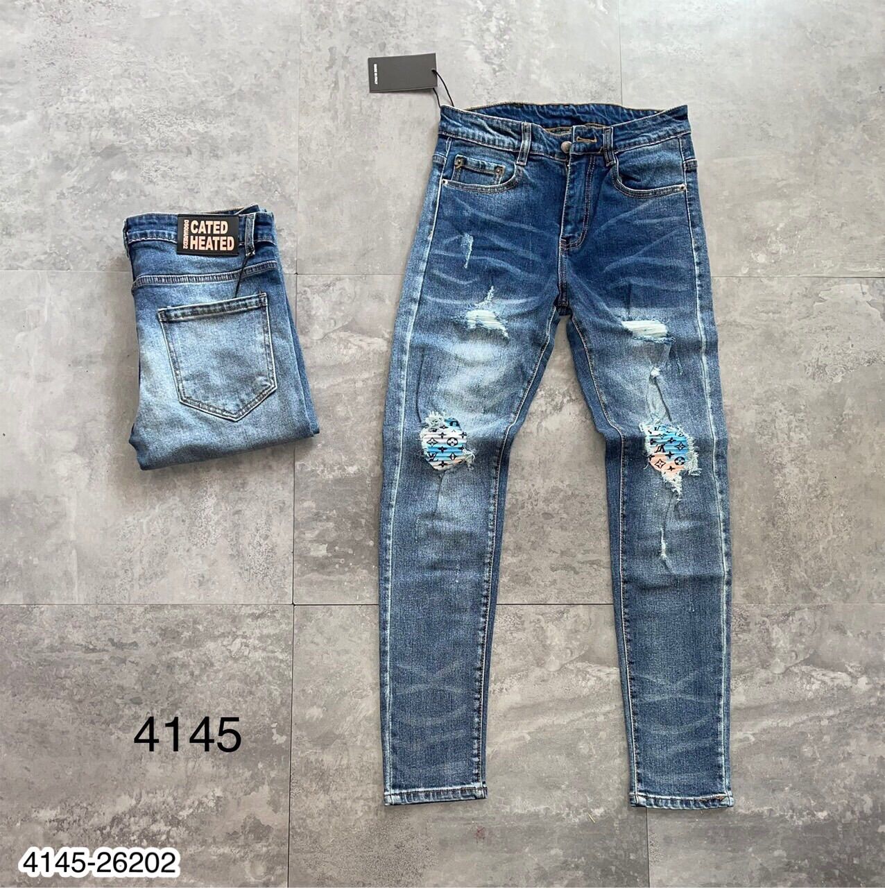 Quần bò nam lv vá gối in màu - quần jeans nam rách gối