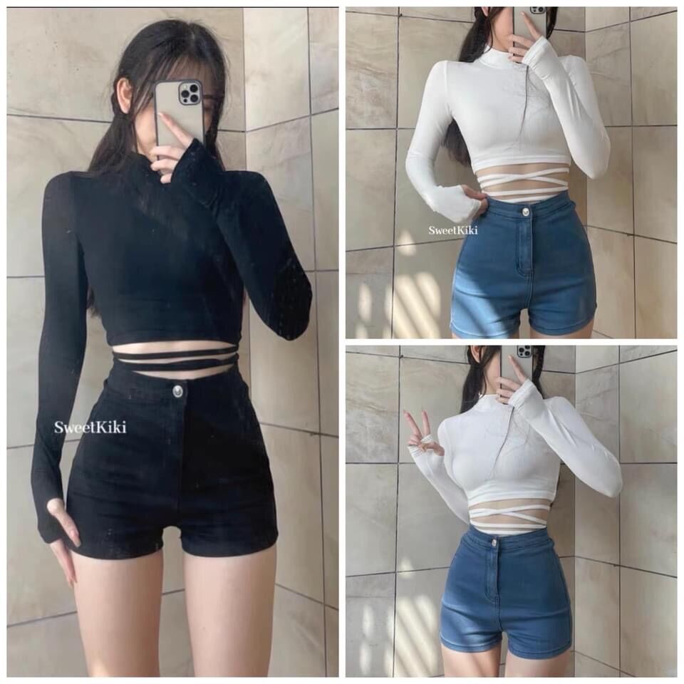 Áo kiểu croptop tay dài cổ lọ phối dây buộc bụng cho nữ