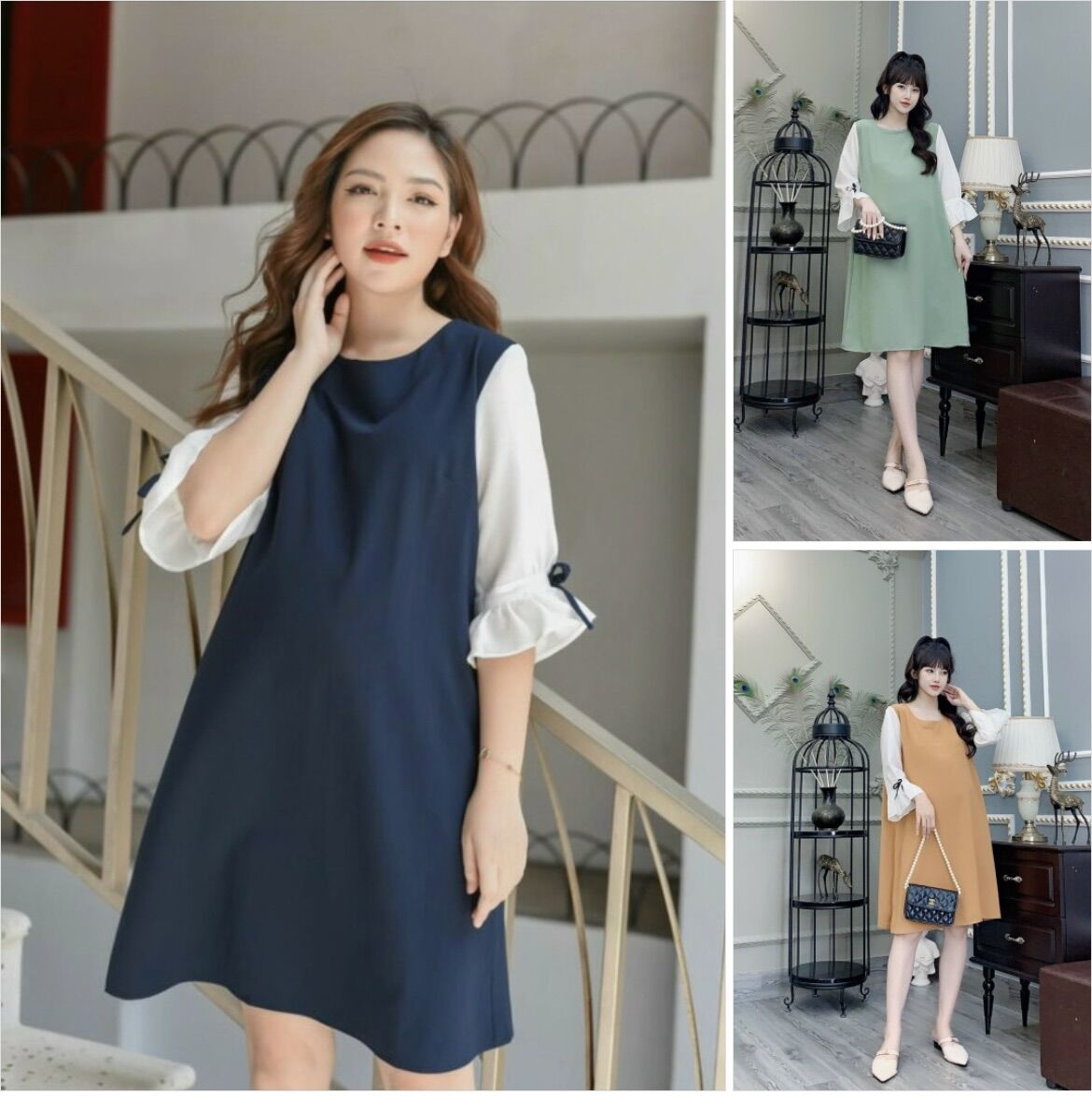 Đầm bầu tay lửng công sở thời trang