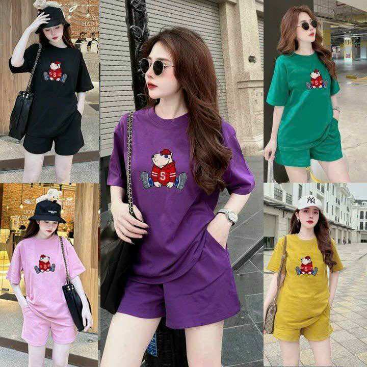 Bộ short thun cotton áo thêu gấu
