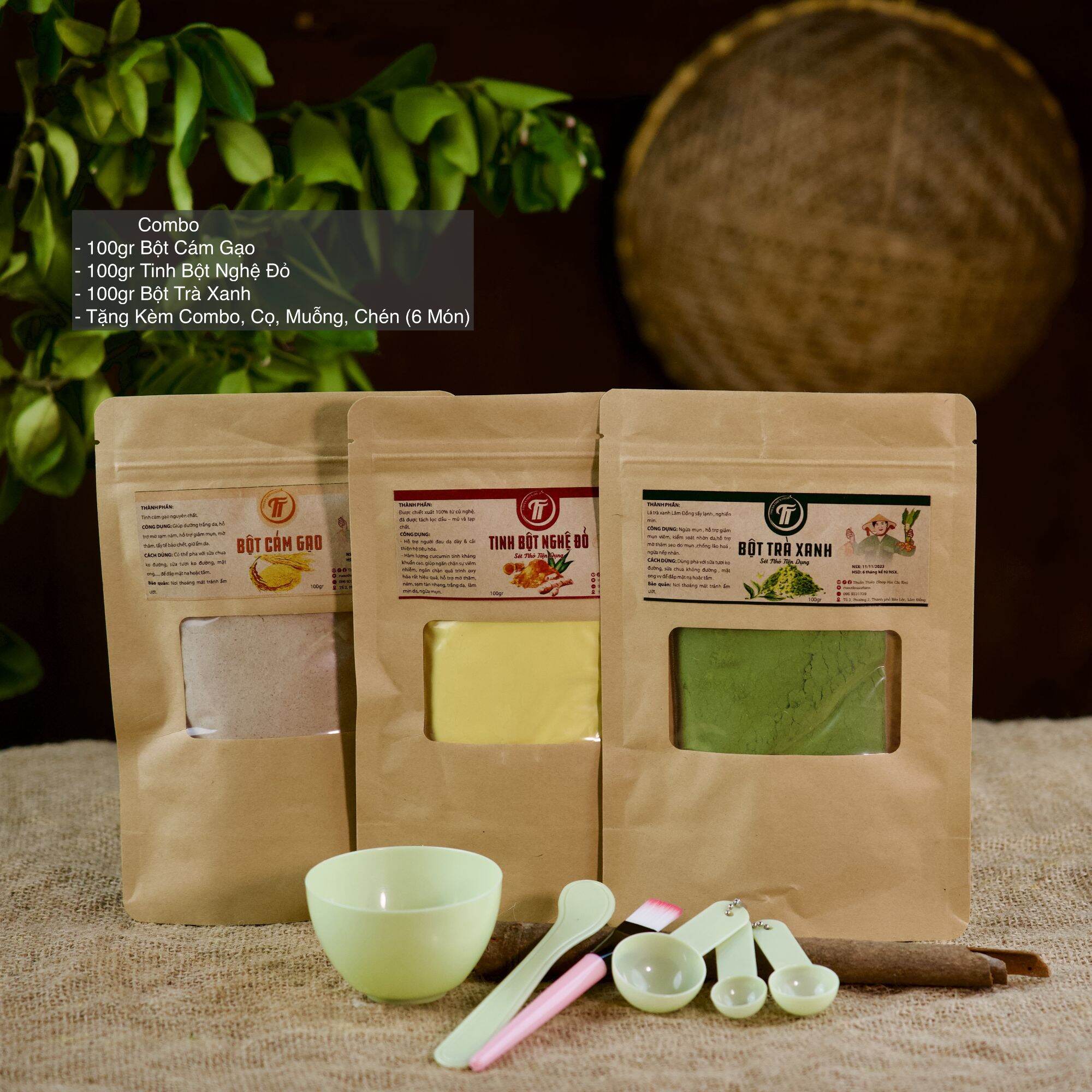 Combo 100g bột cám gạo + 100g tinh bột nghệ + 100g bột trà xanh