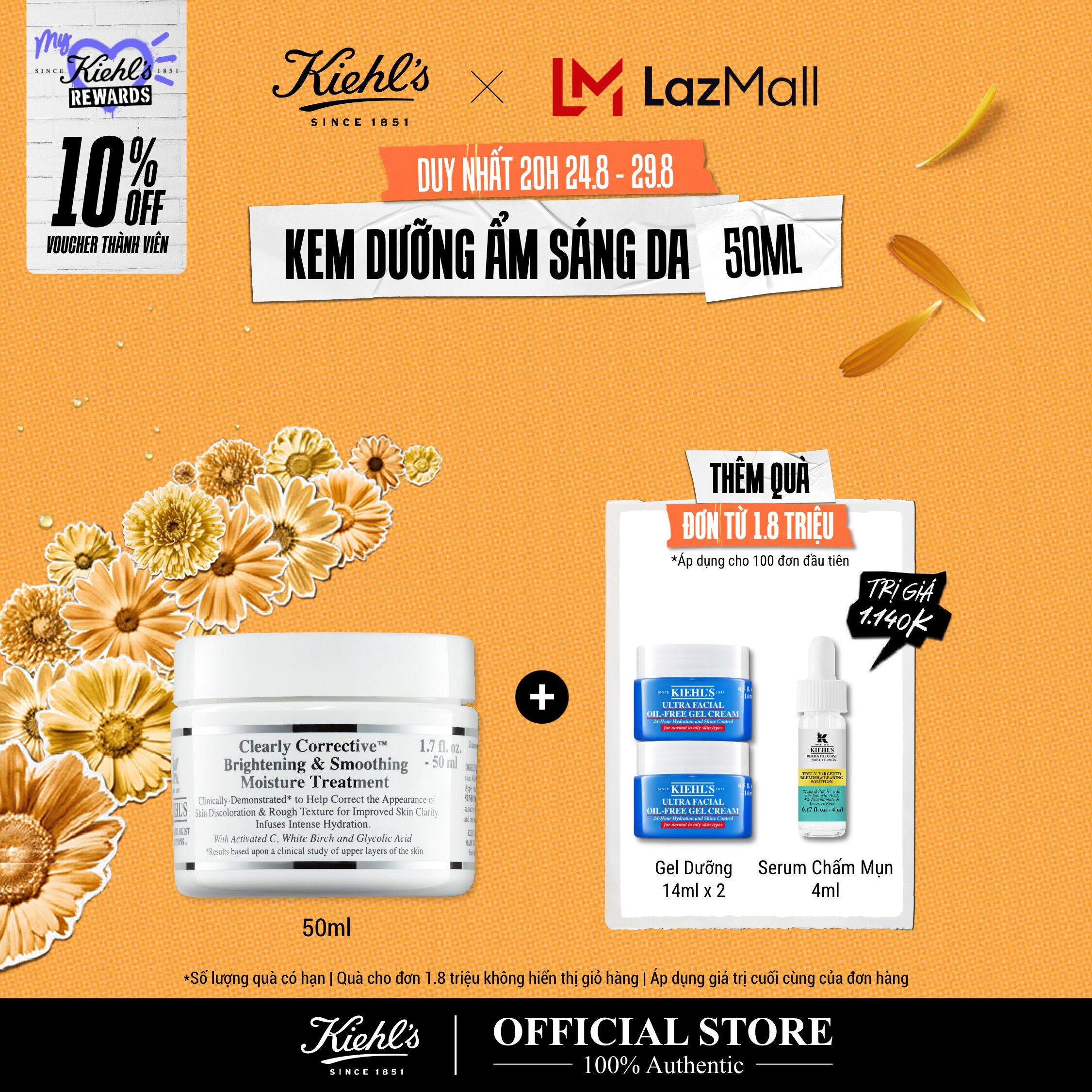 [VOUCHER 10% - TẶNG QUÀ ĐƠN 1.8TR] Kem dưỡng ẩm sáng da Kiehl's Clearly Corrective™ Brightening & Smoothing Moisture Treatment 50ml
