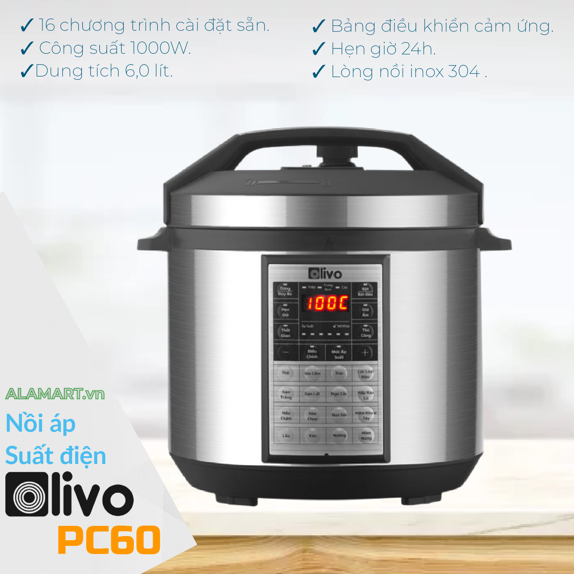 Nồi áp suất điện đa năng olivo pc60 - 16 chức năng - dung tích 6l - công suất 1000w