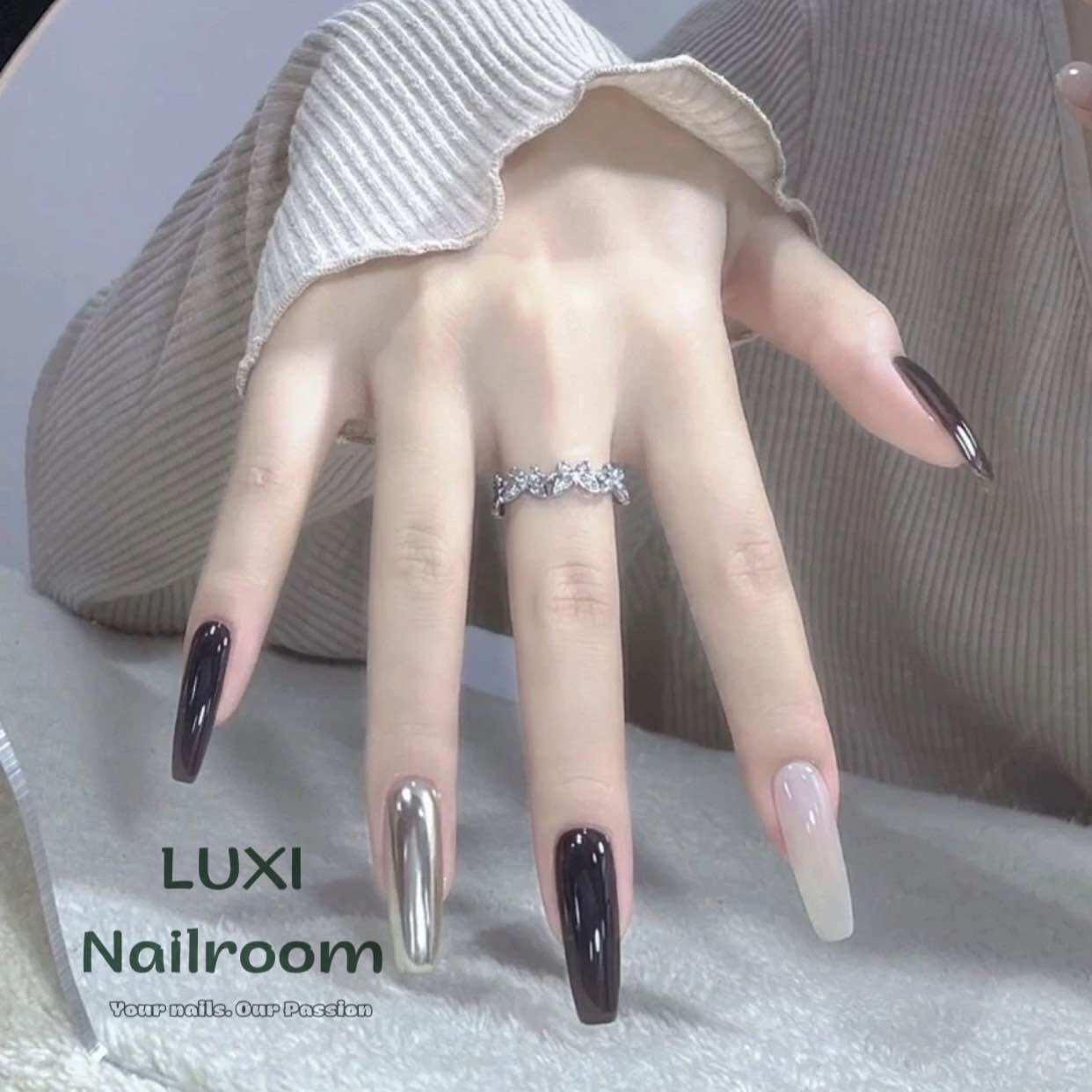 Nailbox - móng úp thiết kế mẫu sơn trơn đen, thạch gạo, tráng gương bạc