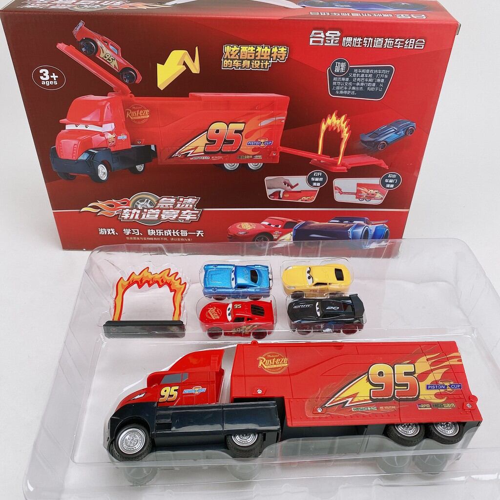 Đồ chơi mô hình xe tải Mc Queen chở 4 xe con kim loại