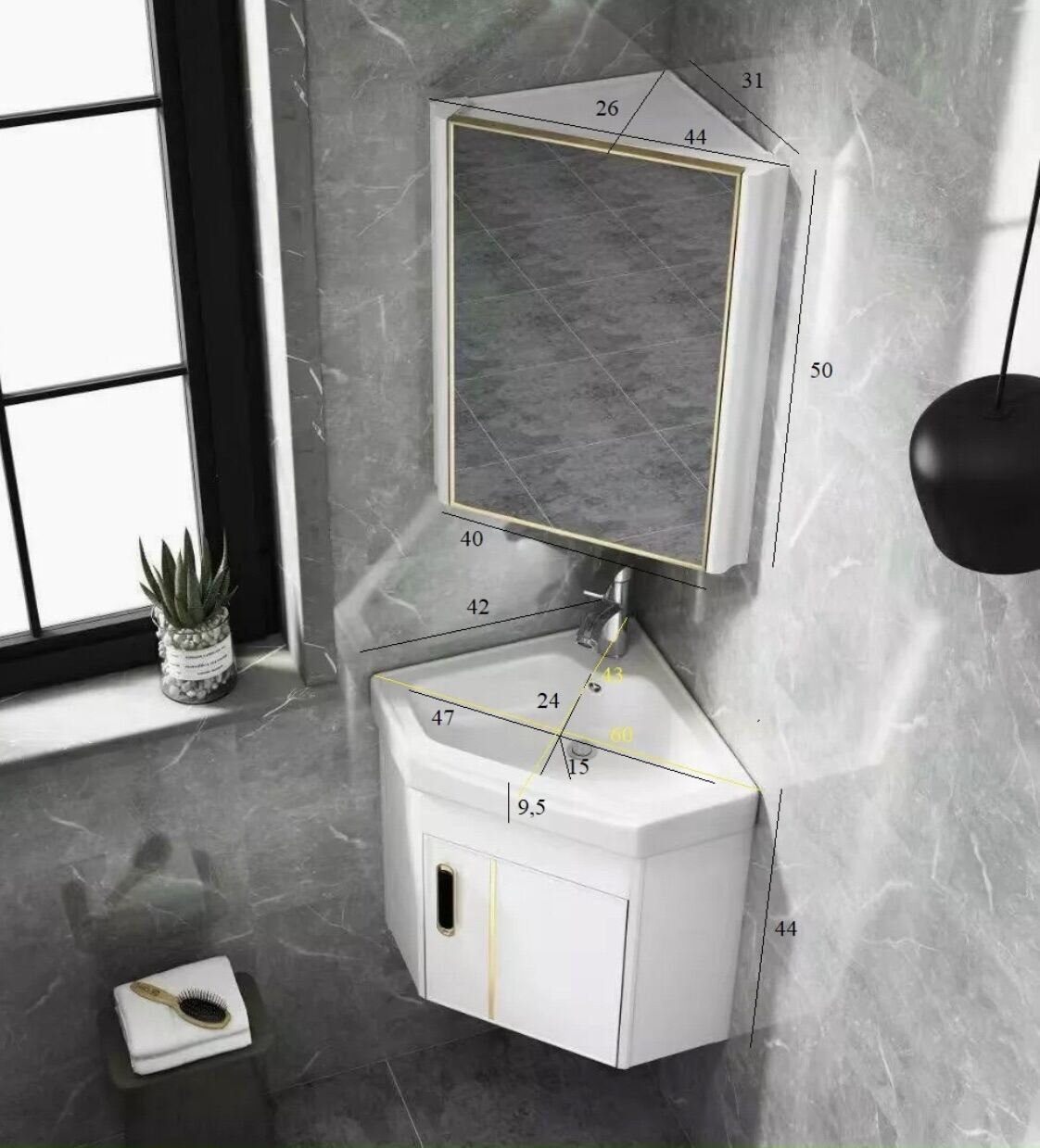 Lavabo góc treo tường tủ lavabo kèm tủ gương góc tam giác kích thước 42cm chất liệu nhôm Sơn tĩnh đi