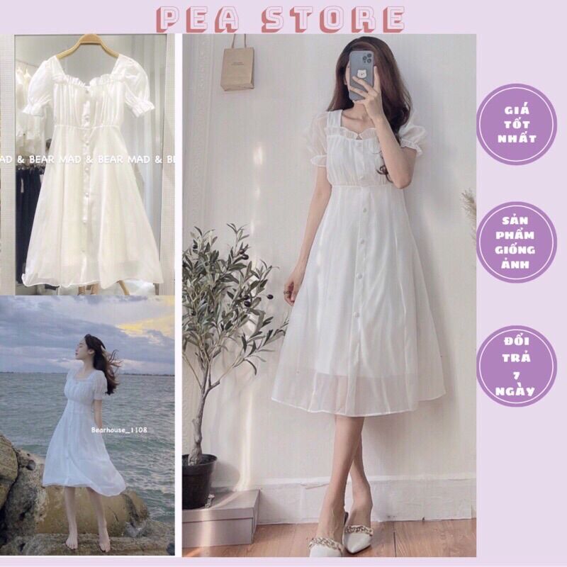 Váy trắng tiểu thư dáng xoè cổ vuông cúc bọc - Đầm trắng dáng xoè 2 lớp Pea Store