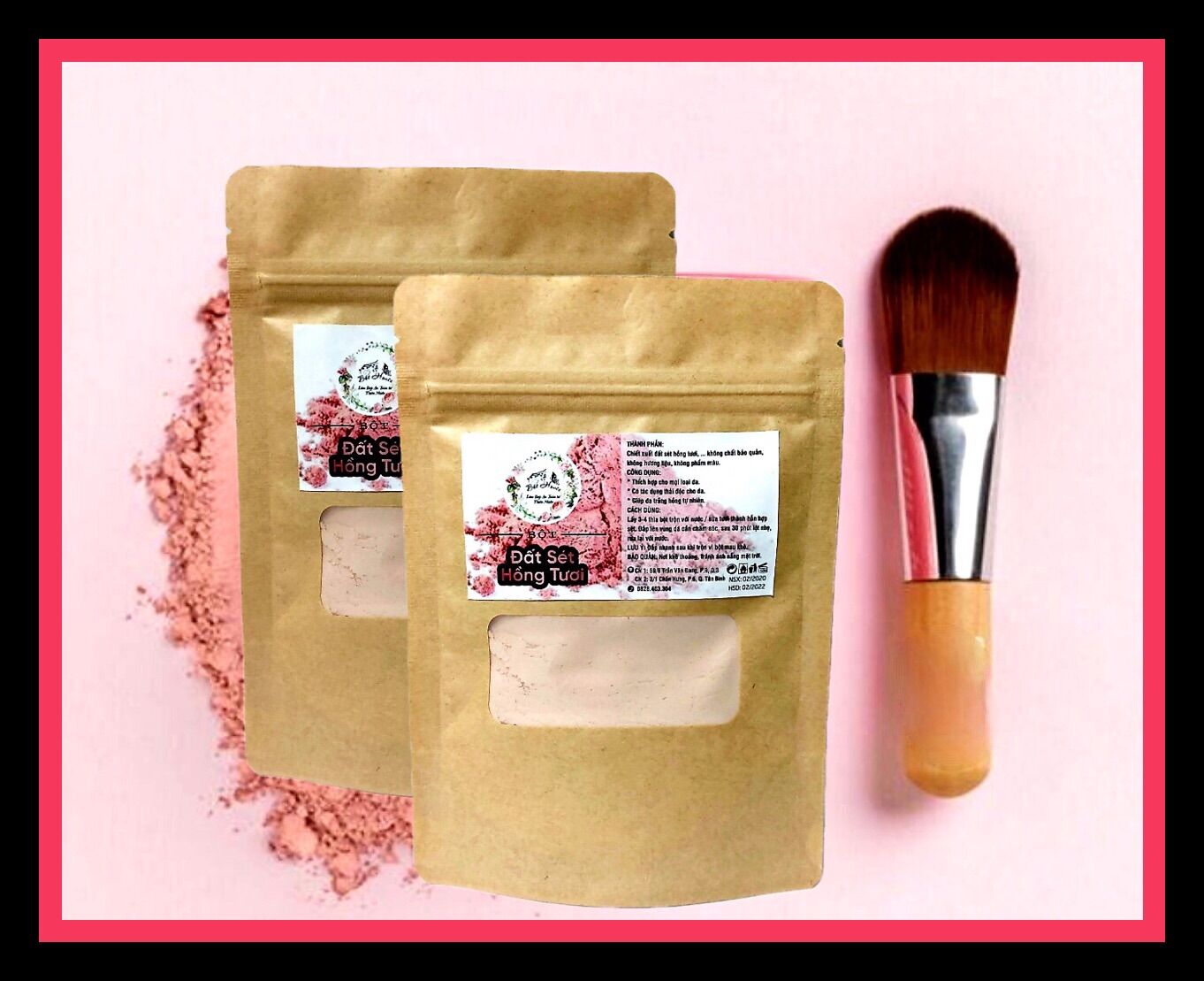 50gr mask bột đất sét hồng thiên nhiên/giúp da trắng hồng rạng rỡ.