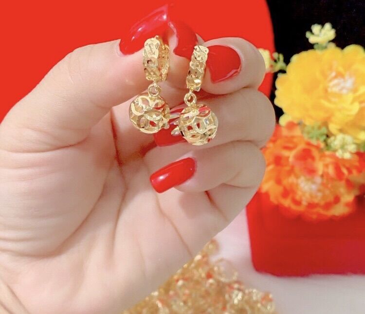 Bông tai nữ kiểu kim tiền trái châu mạ vàng 18k