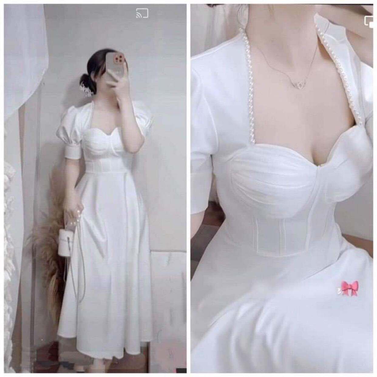 Đầm thiết kế cổ vuông dáng xòe tay phồng nhún ngực tiểu thư cực xinh sang trọng