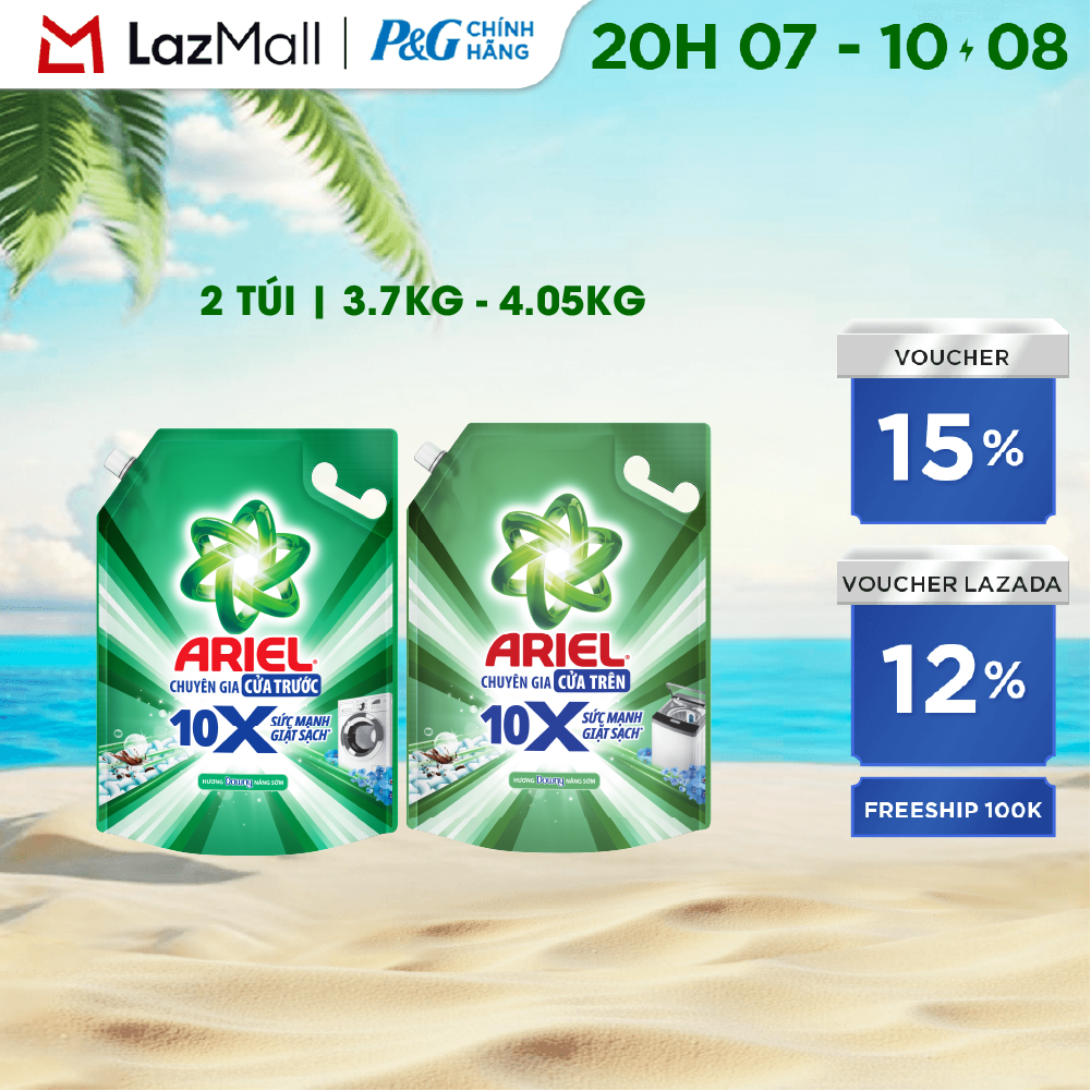 Combo 2 Nước Giặt Gel ARIEL 10X Sức Mạnh Giặt Sạch Chuyên Gia Cửa Trước-Cửa Trên Hương Downy Nắng Sớm Túi 3.7KG/ 4.05KG