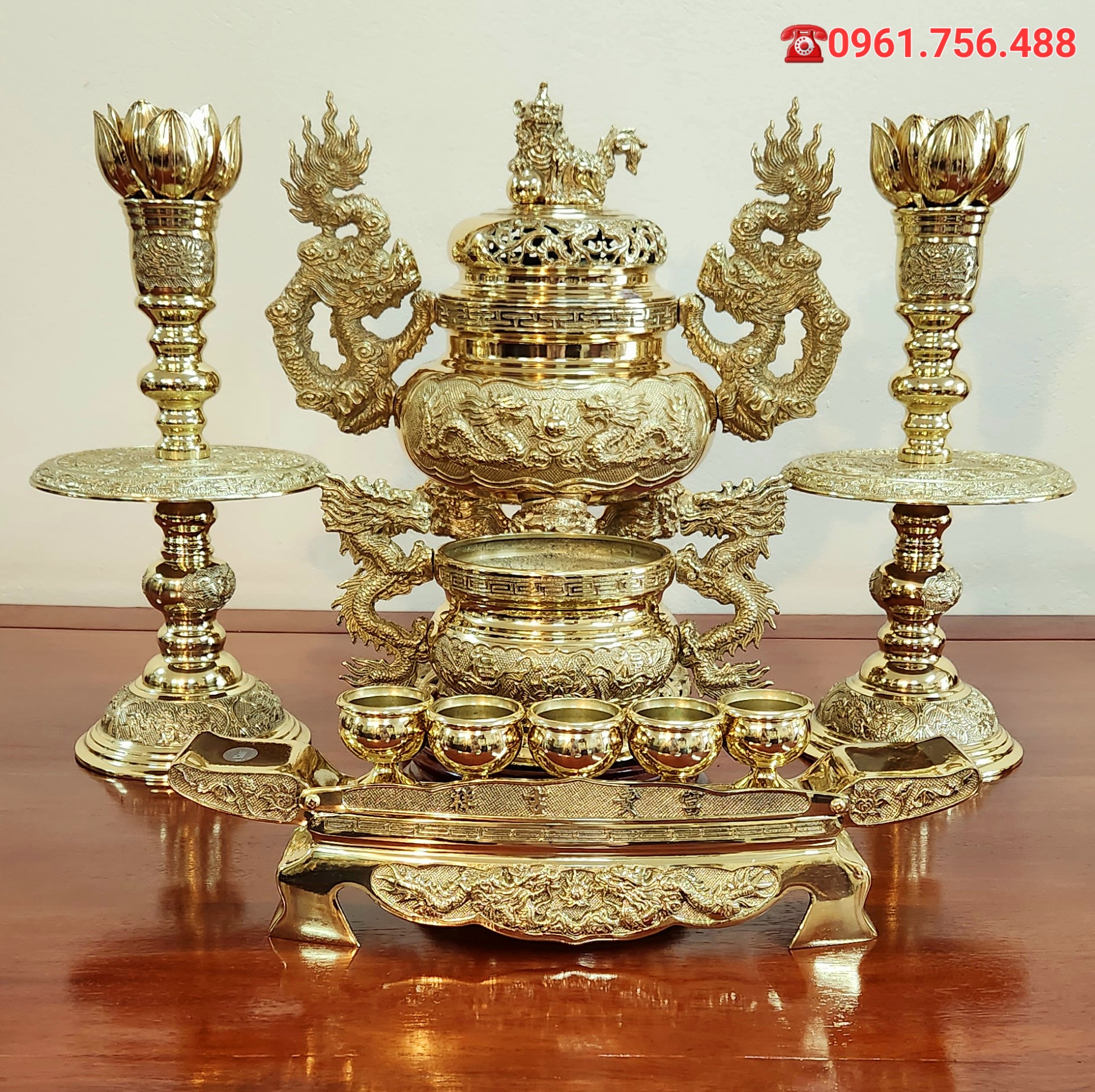 Bộ lư hương đỉnh đồng vàng- Lư nến 5 món 40cm