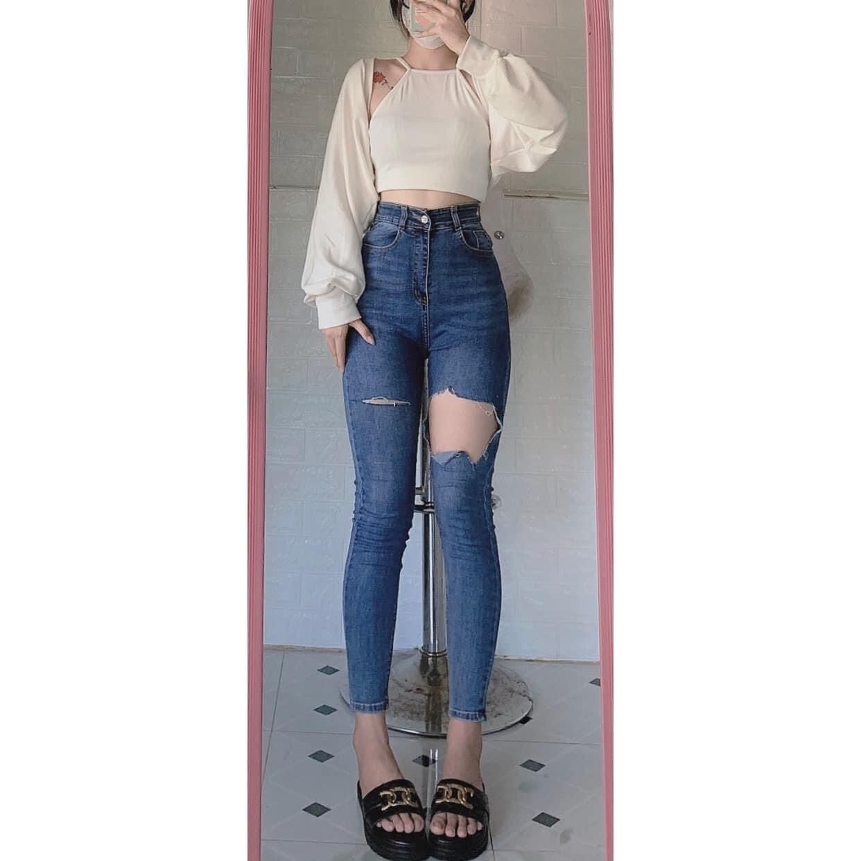 Jeans dài lưng cao rách ô + set 2 món yếm khoác🔥