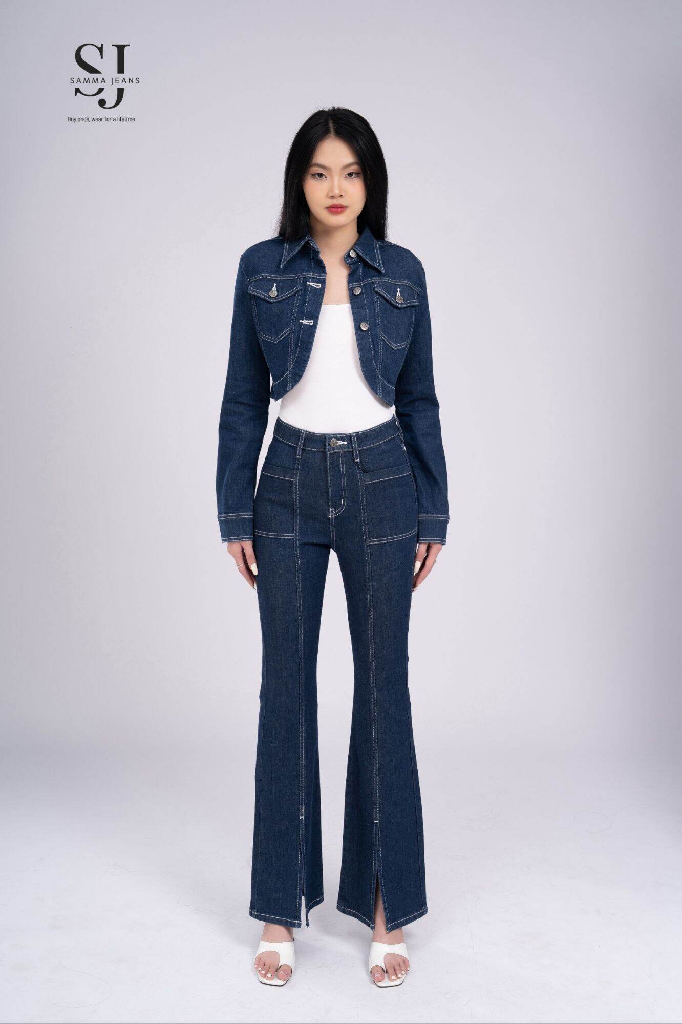 Áo khoác bò nữ CROTOP A10, quần jean nữ P20 dáng đúng siêu hách dáng vải co giãn Cao Cấp - thương hieu Samma Jeans.