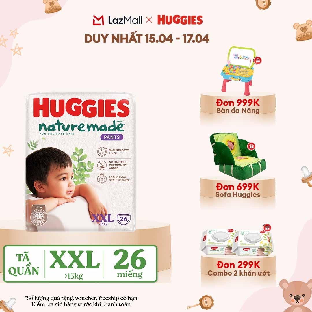 [CHỈ 18-24.04 QUÀ TẶNG ĐƠN 399K](Mua 1 tặng 1) Tã/Bỉm quần HUGGIES PLATINUM NatureMade XXL26 (Trên 15kg)-Gói Jumbo 26 miếng