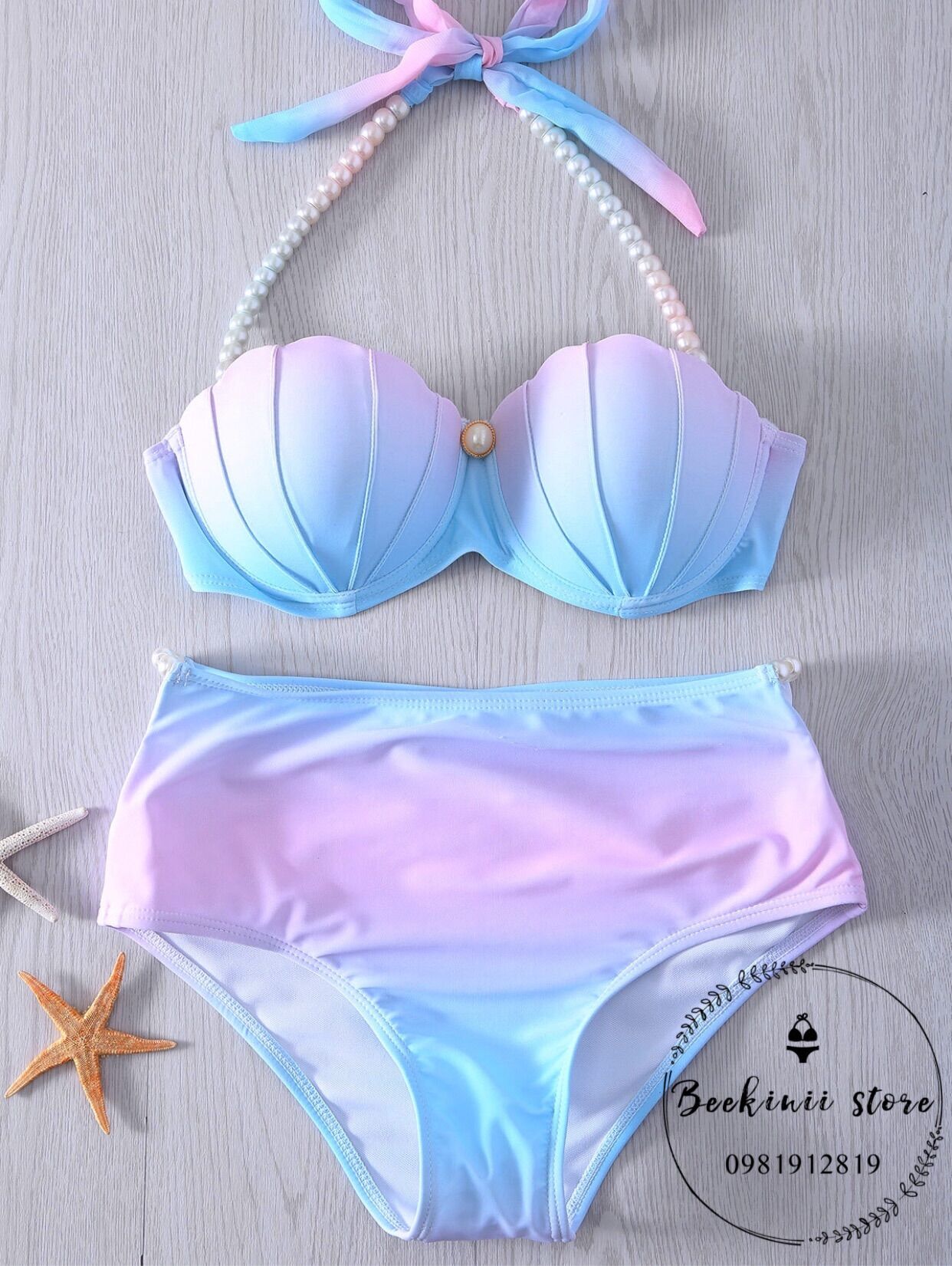 Bikini cạp cao áo vỏ sò - đồ bơi 2 mảnh cạp cao nàng tiên cá - bikini màu ombre