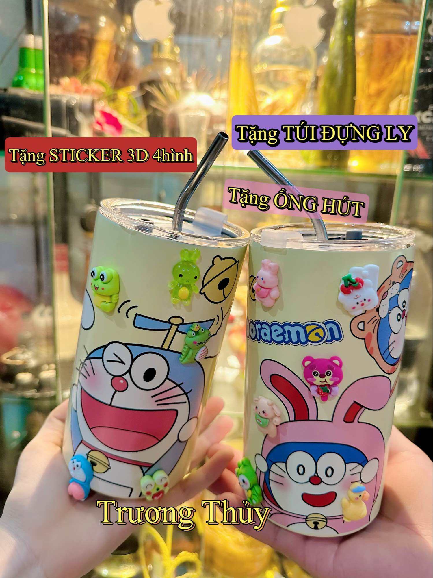 Ly giữ nhiệt Doraemon dễ thương inox 304 an toàn tặng túi đựng ly tặng sticker 3D và tặng ống hút