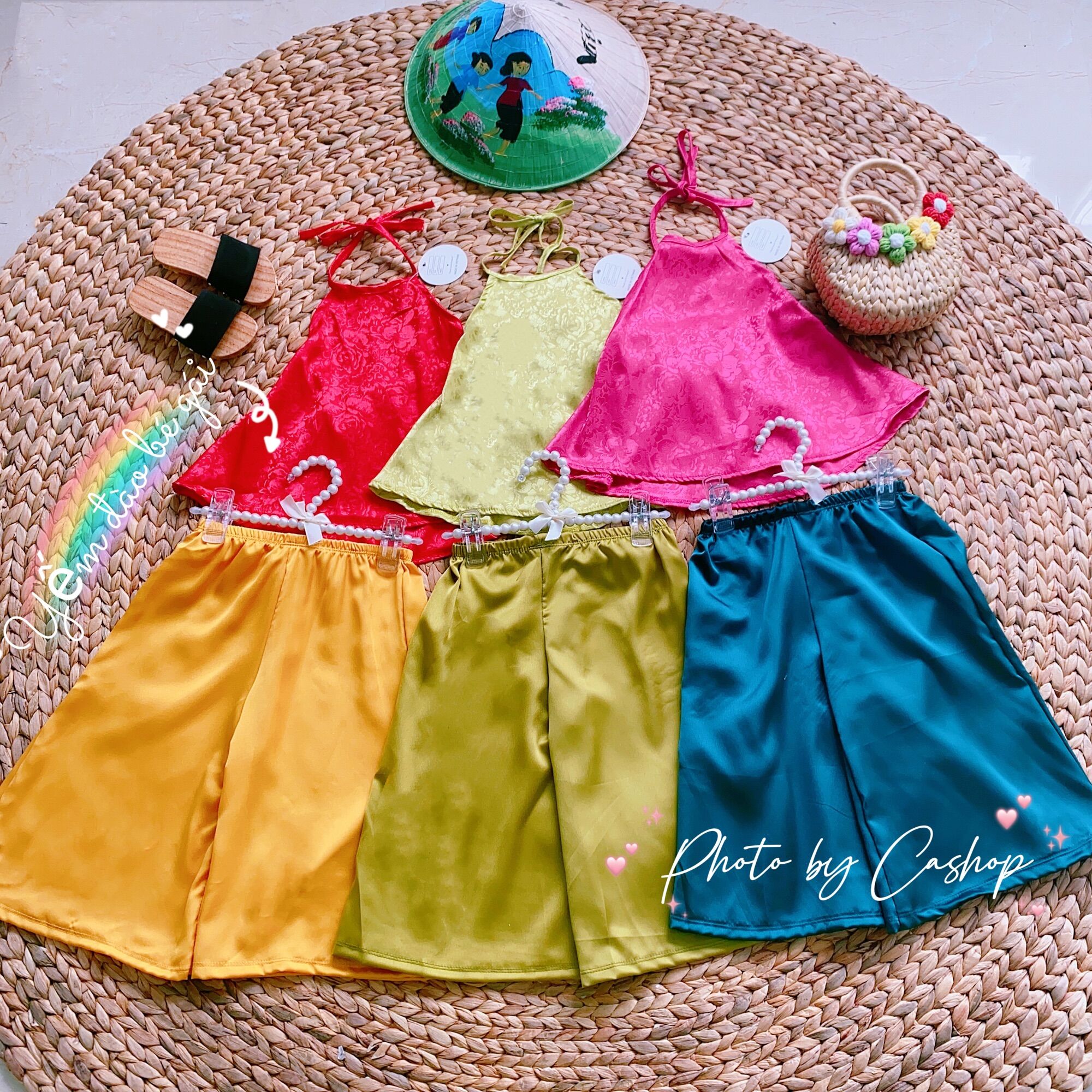 Set áo yếm đào + quần lụa YD2 ống rộng cho bé gái