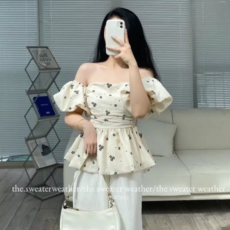 Áo trễ vai tay bồng in hoa bồng bềnh xinh xinh hn55