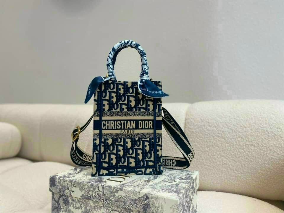 Mini Dior Book Tote Phone Bag Blue Dior Oblique Embroidery 13 x 18 x 5 cm   DIOR US