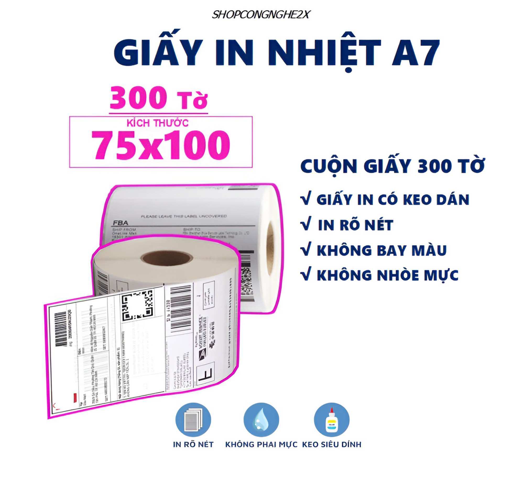 Giấy in nhiệt decal a7 / 75x100mm - tệp 500 tem, in bill shopi, tmđt, cuộn a7, có sẵn lớp keo tự dính
