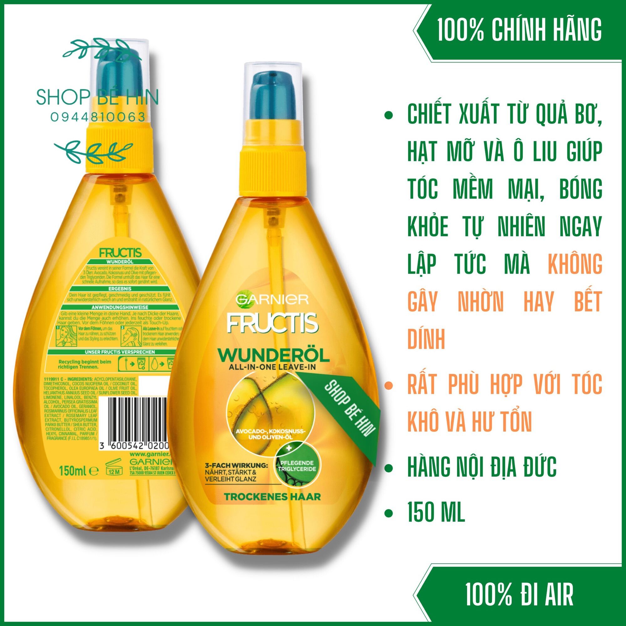 (Bill Đức) Dầu Dưỡng Tóc Garnier Fructis Dành Cho Tóc Khô Và Hư Tổn Dưỡng Tóc Mềm Mượt Mà Không Bết Dính Hàng Nội Địa Đức