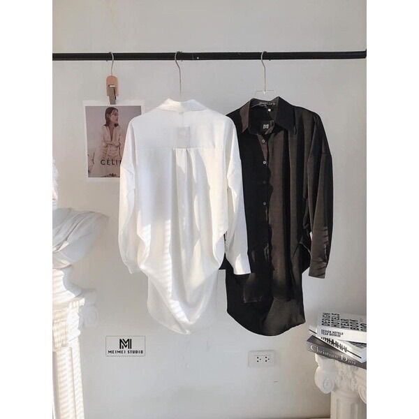 Áo sơ mi lụa phom rộng oversize giấu quần