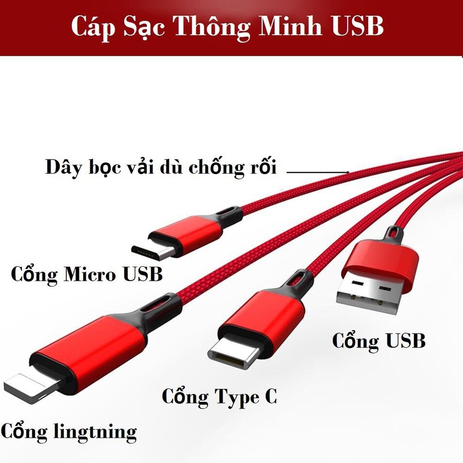 Cáp sạc 3 đầu Type C , Lightning , Micro USB siêu bền