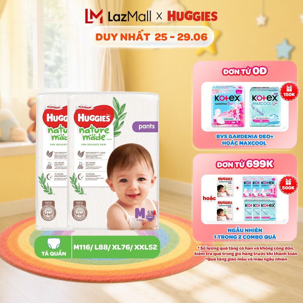 Combo 2 Tã/Bỉm quần Huggies NatureMade Platinum M58/ L44/XL38/XXL26/XXXL28