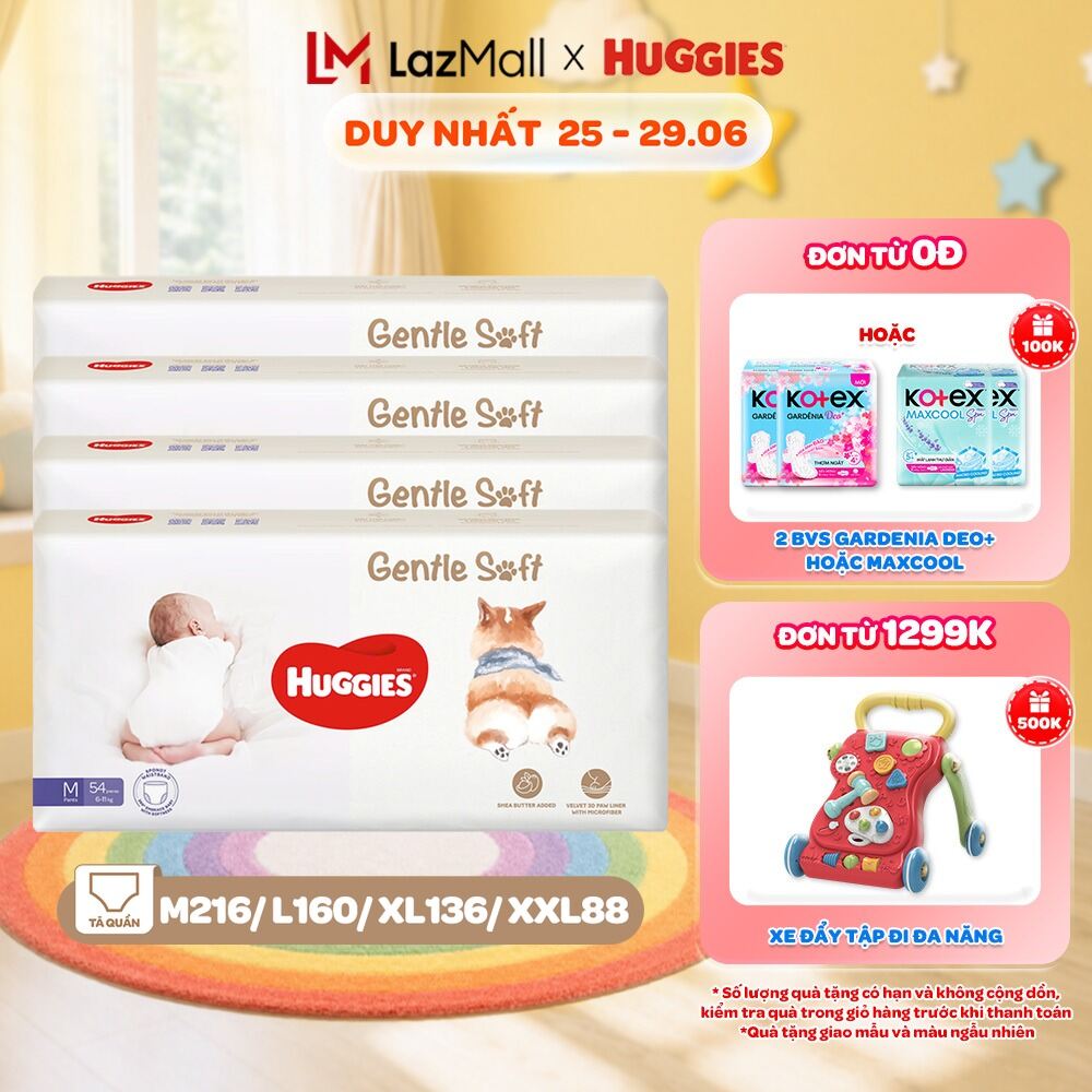 Combo 4 Tã quần Huggies Gentle Soft - Corgi M54/L40/XL34/XXL22 miếng êm mềm nâng niu làn da bé