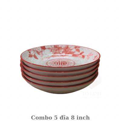 Combo 5 đĩa gốm sứ 23cm, đĩa gốm sứ hoa văn cao cấp,dĩa sứ