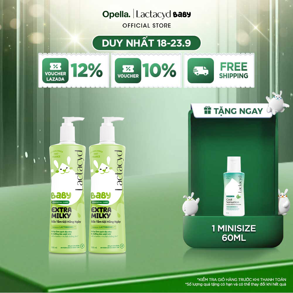 Bộ 2 chai Sữa Tắm Gội Trẻ Em Lactacyd Baby Extra Milky Làm Sạch Dịu Nhẹ và Dưỡng Ẩm Vượt Trội 500ml/chai