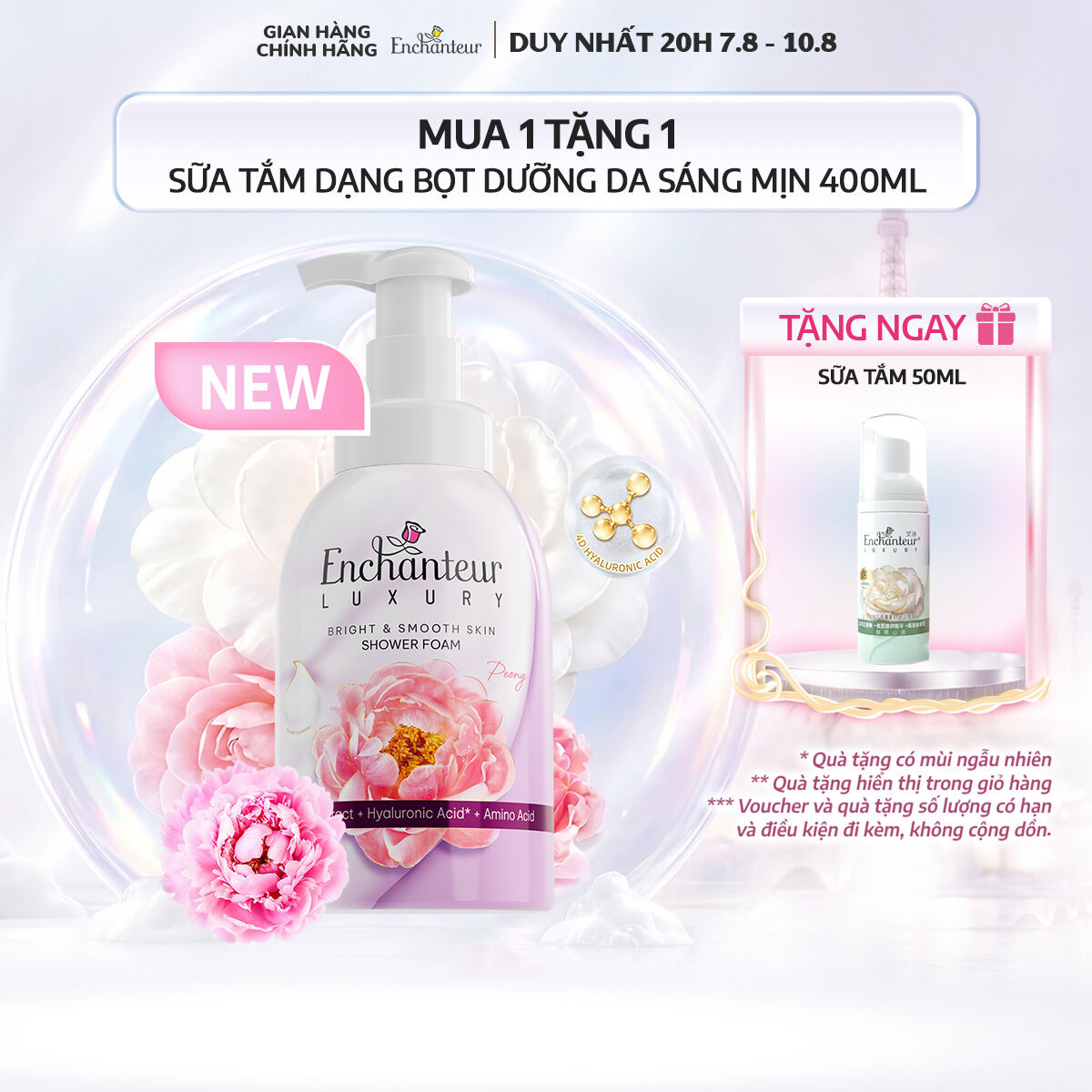 [MUA 1 TẶNG 1] Sữa Tắm Enchanteur Luxury Dạng Bọt Dưỡng Da Sáng Mịn Camellia/Peony 400ml + Tặng Sữa tắm Enchanteur Luxury Dạng bọt Camellia 50ml (Quà hiện giỏ hàng)