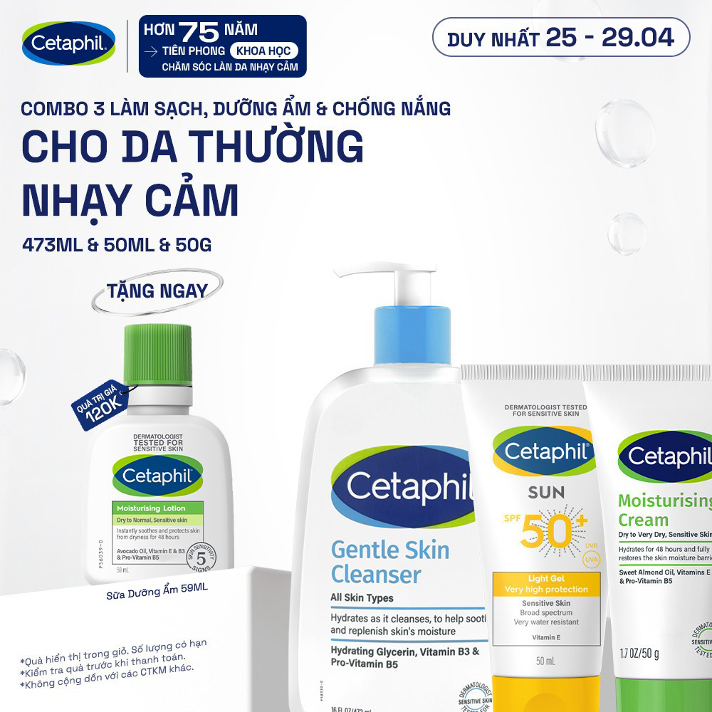 Combo 3 Bước Cetaphil Chăm Da Dịu Lành: Sữa rửa mặt 500ML + Kem dưỡng ẩm 50G + Gel chống nắng SPF50+