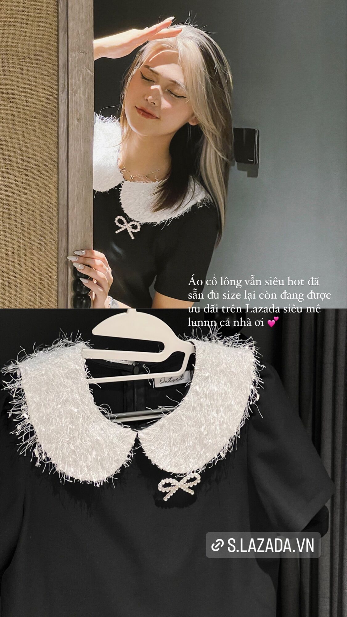 OUTSET - Áo đen cổ lông tiểu thư ( tặng kèm nơ ngọc trai )