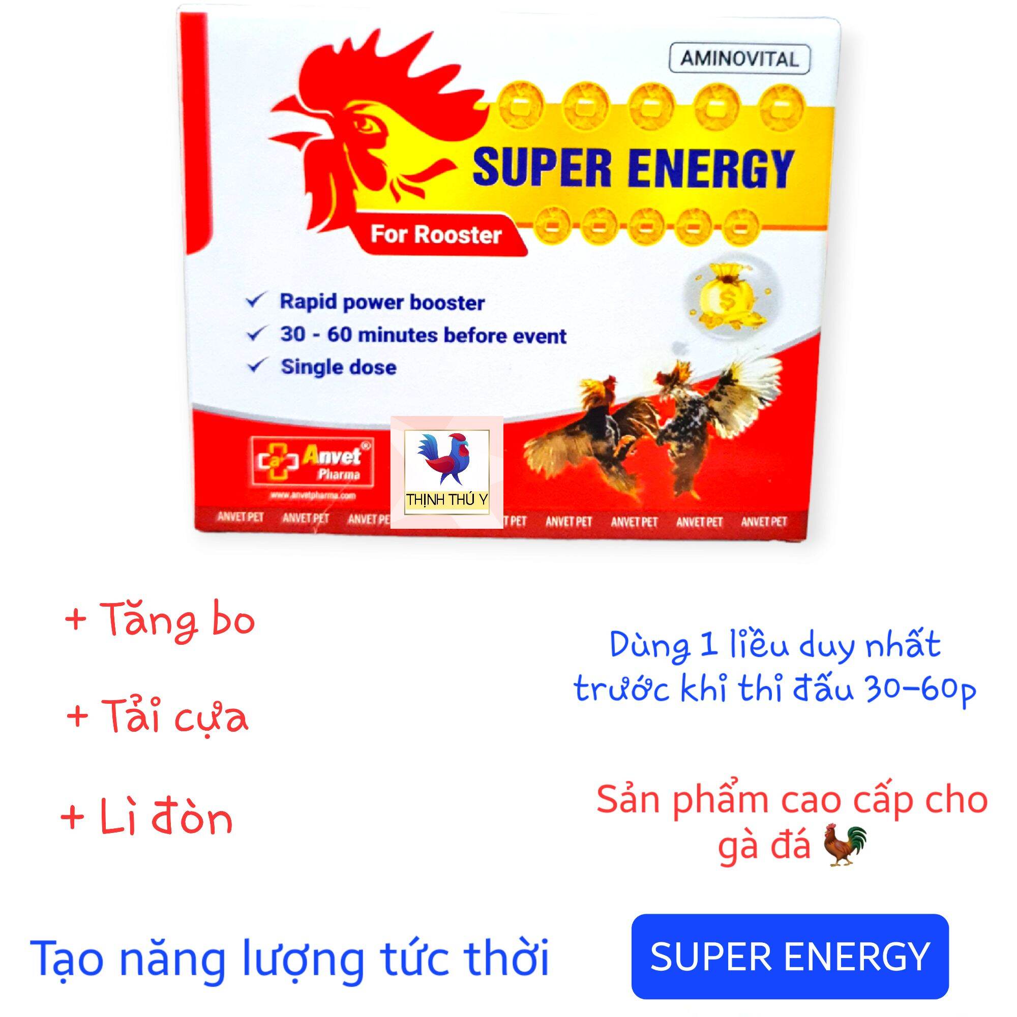 Anvet SUPER ENERGY (Hộp 5 ống) - Tăng lực cao cấp dùng 1 liều duy nhất trước khi thi đấu cho gà đá. Tải cựa, lì đòn theo công nghệ Mexico