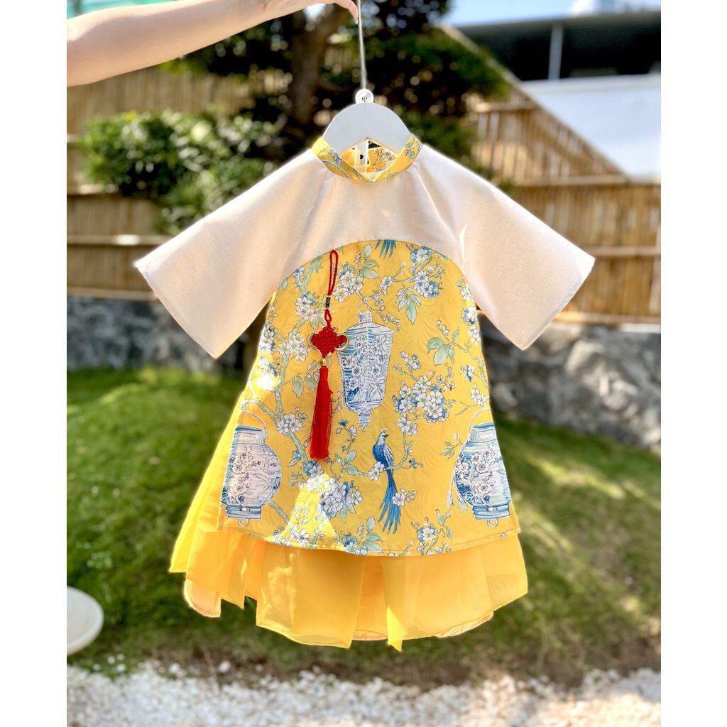 Set áo dài cách tân gấm lụa bé gái 9-20kg