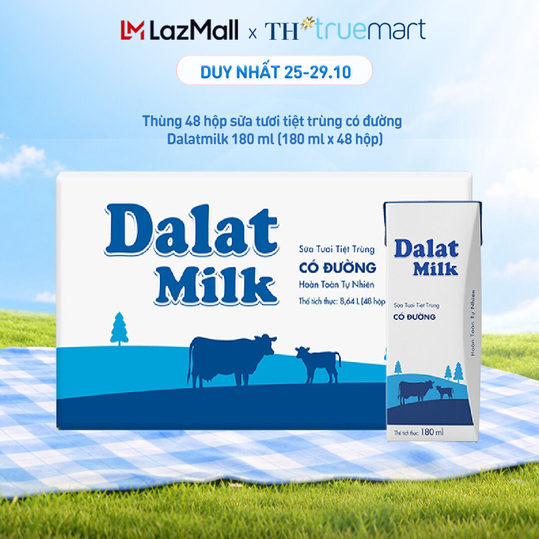 Thùng 48 hộp sữa tươi tiệt trùng  Dalatmilk có đường 180 ml (180 ml x 48)