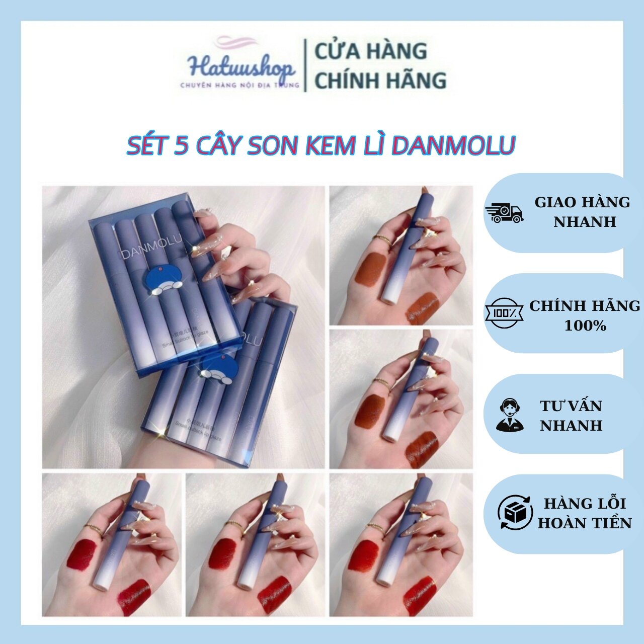Sét 5 Cây Son Lỳ Danmolu Siêu Mịn, Mềm Môi Cực Lỳ