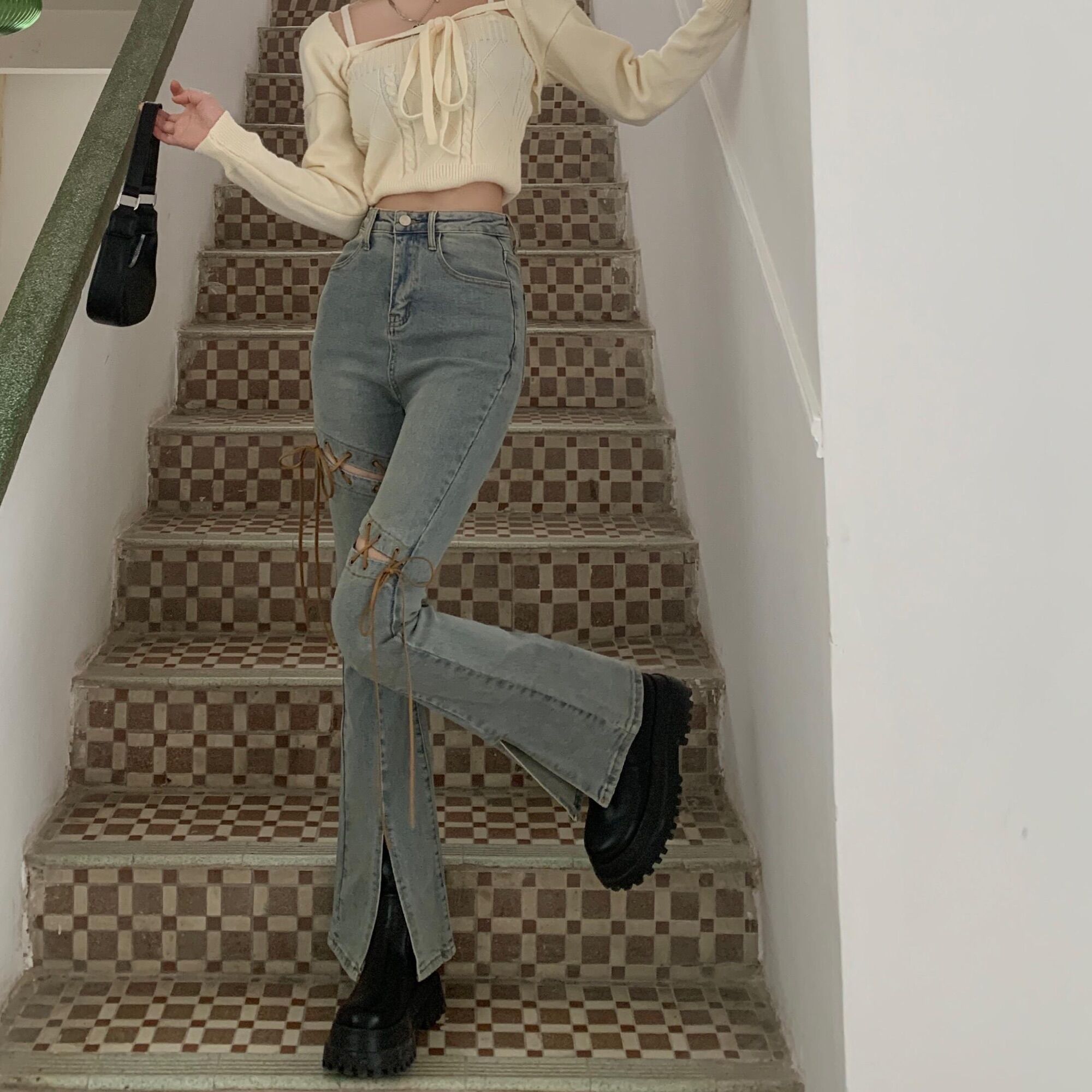 Quần jeans ống loe lưng cao phối dây thắt (kèm ảnh thật ở cuối)