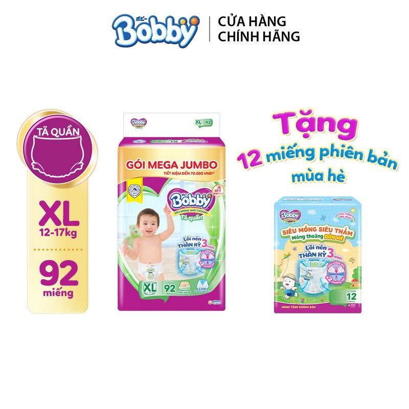 [Date 2026] Tã bỉm quần Bobby XL92, XL 92 miếng