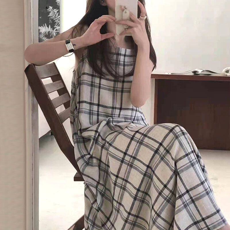 Hàn Quốc Sang Trọng, Lịch Sự Vintage Cổ Vuông Lệch Vai Kẻ Caro Thiết Kế Rộng Rãi Dài Cộc Tay, Không Tay Đầm Maxi Quần Áo Công Sở Thời Trang Mùa Hè Dành Cho Nữ