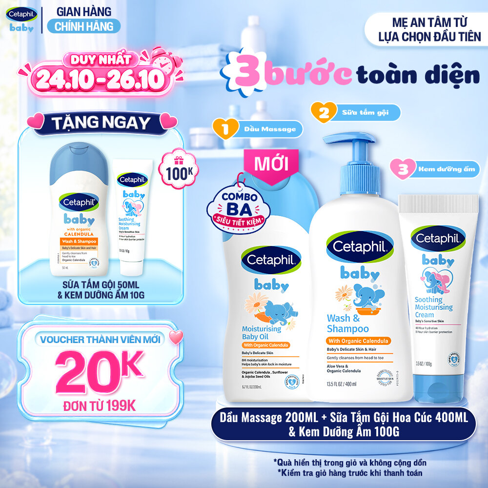 Combo Sữa tắm gội CETAPHIL BABY CALENDULA 400ML  Dầu massage dưỡng ẩm Baby Oil 200ml  Kem dưỡng ẩm Moisturising tuýp 100g
